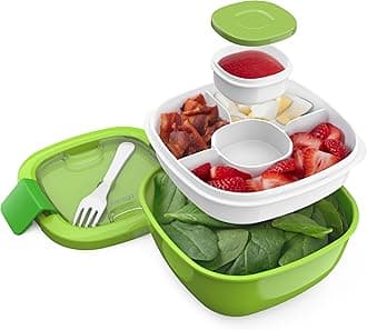 Bentgo® Salad - Stackable Lunch Container with Large 54-oz Salad Bowl, 4-Compartment Bento-Style Tray for Toppings, 3-oz Sauce Container for Dressings, Built-in Reusable Fork & BPA-Free (Green)