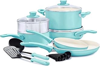 GreenLife Soft Grip Healthy Ceramic Nonstick Turquoise Cookware Pots and Pans Set, 12-Piece