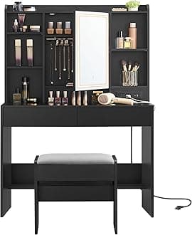 VASAGLE KAILYN Collection - Vanity Desk with Power Outlets, Makeup Vanity with Mirror and Lights, Upholstered Vanity Stool, LED Lights, 6 Compartments, 2 Drawers, for Bedroom, Ink Black URDT031B01