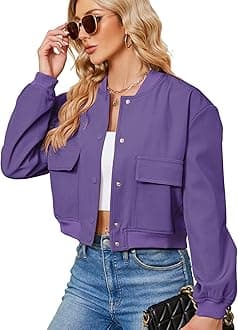 Bomber Jacket Women 2026 - Short Cropped Jacket Women Button Down Long Sleeve Casual Varsity Jackets with Pockets