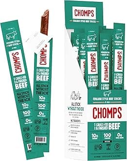 CHOMPS Grass Fed Italian Style Beef Jerky Snack Sticks, Keto, Whole30, Paleo, Gluten Free, Sugar Free, Low Carb, AIP Diet Compliant, 100 Calories,1.15 Oz, Pack of 24