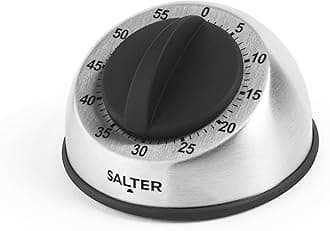 Salter 60 Minute Mechanical Kitchen Timer, Battery-Free Analog Kitchen Timer, Premium Stainless Steel Design, Powerful Alarm for Baking/Baking, 2 Year Warranty, Black/Silver
