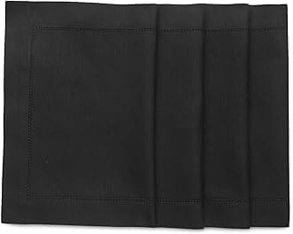 Solino Home Cotton Linen Hemstitch Placemats – Set of 4 Natural Fabric Placemats 14 x 19 Inch – Black Tablemats for Spring, Summer, Kitchen, Dining – Handcrafted and Machine Washable