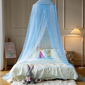 Princess White Blue Bed Canopy with Warm Fairy Lights for Girls Bed Net,Princess Canopy for Kids Bed Room