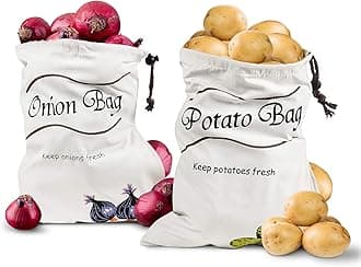 2Pcs Potato and Onion Storage Bags – Reusable Cotton Produce Bags with Black Lining and Side Zipper, Washable, Breathable & Light-Blocking Design for Storing Potatoes, Onions, Garlic & Root Vegetables