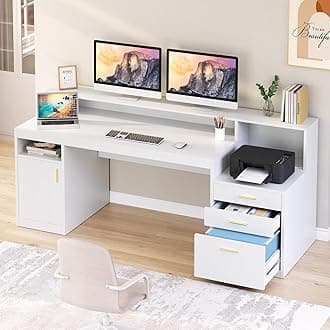 YOMILUVE Computer Desk with 3 Drawer & Storage Shelves, Home Office Desk with File Drawer & Cabinet, Writing Study Table with Long Monitor Stand & Printer Shelf, Executive Desk, White