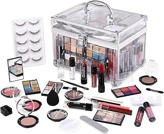 Makeup Kit for Women Full Kit - Eyeshadow Palette, Lipsticks, Lipgloss, Blushes, Contour, Highlighters, Makeup Pencil, False Eyelashes, Re-usable Train Case Gift Set for Teen Girls Starters Pros