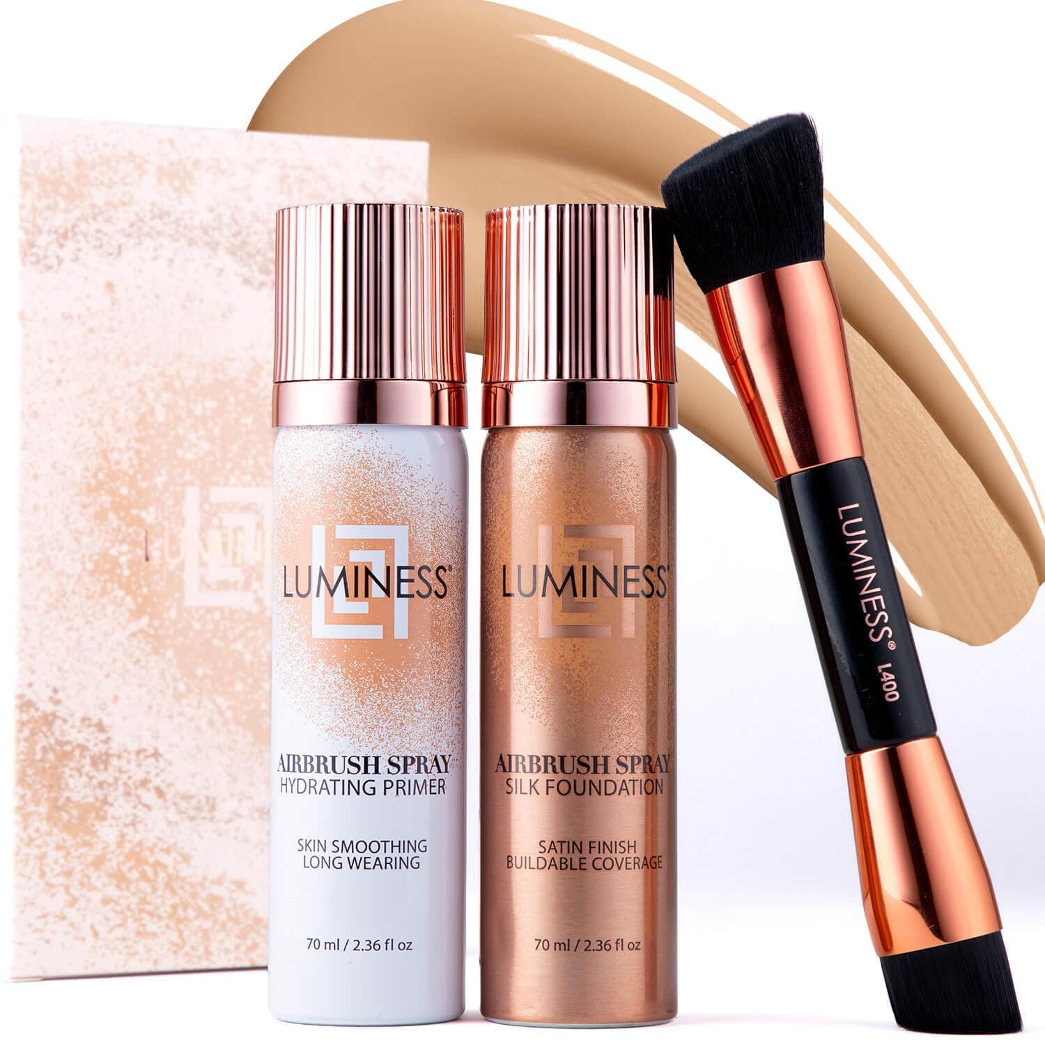 LUMINESS Silk Airbrush Spray Foundation Makeup Starter Kit- Full Coverage Foundation, Primer & Dual-Sided Buffing Brush-Buildable Coverage, Anti-Aging Formula Hydrate & Moisturize (Shade-Light Medium)