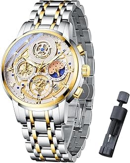 Moon Phase Watch for Men Multifunction Chronograph Dial Analog Quartz Wristwatch Luxury Diamond Business Dress Watch with Luminous Waterproof Calendar Stainless Steel Strap