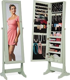 Best Choice Products Freestanding Jewelry Armoire Cabinet, Full Length Standing Mirror, Lockable Makeup Storage Organizer, w/Velvet Lining, 3 Angles, Lock, Accessory Pouch, 5 Shelves - Sage
