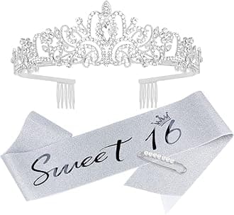 AOPRIE Birthday Sash & Crown - Silver Rhinestone Tiara for Girls & Women - Sweet 16 Birthday Accessories