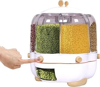 YAGVIZ Rice and Grain Storage Container, 360°Rotating Rice Food Dispenser 6 Grids Rice Container Rotatable Beans Containers Storage with Sealed lid for Peanut Barley Millet and Cereal
