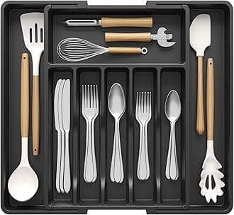 Lifewit Deep Silverware Drawer Organizer for Kitchen, Expandable Utensil Tray, Adjustable Flatware Cutlery Holder, Large Plastic Kitchen Storage for Spoons Forks Knives, 22.4 x 16.7 x 2 inches, BlackRecycled Claim Standard 100