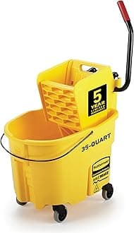 Rubbermaid Commercial Products WaveBrake 35 Qt. Side-Press Mop Bucket and Wringer Combo on Wheels Yellow for Professional/Industrial/Business Heavy-Duty Floor Cleaning/Mopping