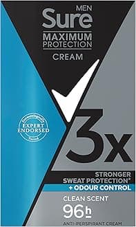 Sure Men Maximum Protection Clean Scent Anti-Perspirant Cream Deodorant Stick with 3x stronger* sweat protection for 96 hour sweat and odour protection 45 ml