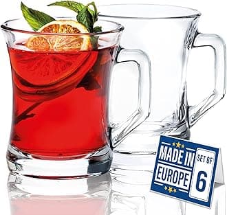 Glass Coffee Mugs with Handle, 7.5 oz Clear Glass Tea Cups for Hot or Cold Drinks, Set of 6