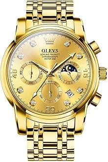 OLEVSMen's Chronograph Watch, Gold Silver Stainless Steel Analog Quartz Watch, Waterproof Multi-Function Dial with Date Diamond Watches for Men