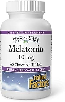 Stress-Relax Melatonin 10 mg by Natural Factors, Natural Sleep Aid, Resets the Sleep-Wake Cycle, 60 chewable tablets (60 servings), Peppermint Flavor