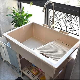 Beige Freestanding Plastic Sink - Outdoor Hand Washing Station With Hot & Cold Faucet, For Garage, Basement, Garden