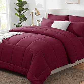 CozyLux Queen Comforter Set Burgundy, 7 Pieces Bed in a Bag, Red Comforters Queen Size, All Season Bedding Sets with Stitch Quilted Comforter, Flat Sheet, Fitted Sheet, Pillowcases