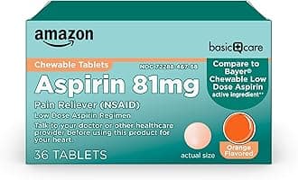 Amazon Basic Care Low Dose Aspirin 81 mg Chewable Tablets, Pain Reliever for Minor Aches, Orange Flavor, 36 Count