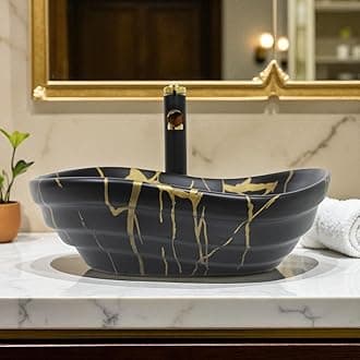 BASSINO 18x14x6 Inches Black & Gold Marble Designer Tabletop Wash Basin/1 Year Warranty/Ceramic Vanity Sink for Homes, Hotels & Spas/Countertop Bathroom Basin(Matt Black with Gold Veins)