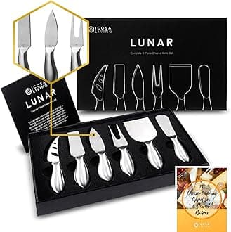 Lunar 6-Piece Cheese Knife Set - Premium Stainless Steel Cheese Knives Collection - Charcuterie Board Accessories Gift Ready w/ 15 Festive Recipes
