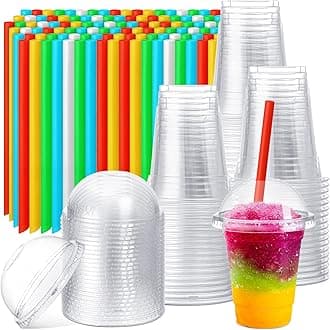 100 Sets Clear Plastic Cups with Dome Lids and Colorful Straws, Disposable Slushie Smoothie Cups PET Beverage for Party Iced Coffee Cold Drinks Juice Milkshake Fruit Tea Dessert(12 oz)