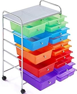 Topeakmart Utility Cart with 15 Drawers Rolling Cart Organizer Plastic Storage Drawers Craft Trolley 360 Castor Wheels Cart Multicolor
