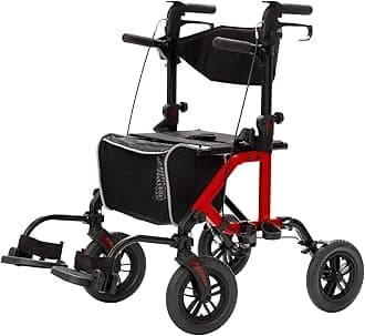 All-Terrain 2 in 1 Rollator Walker & Transport Chair, Folding Wheelchair with 10” Non-Pneumatic Wheels for Seniors, Reversible Backrest & Detachable Footrests, Red