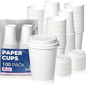 Fit Meal Prep 100 Pack 8 oz Disposable Coffee Cups with Lids, Premium Paper To Go Cups for Hot/Cold Beverages, Leak Proof Travel Cups for Cold/Hot Beverage, Office (White Lids)