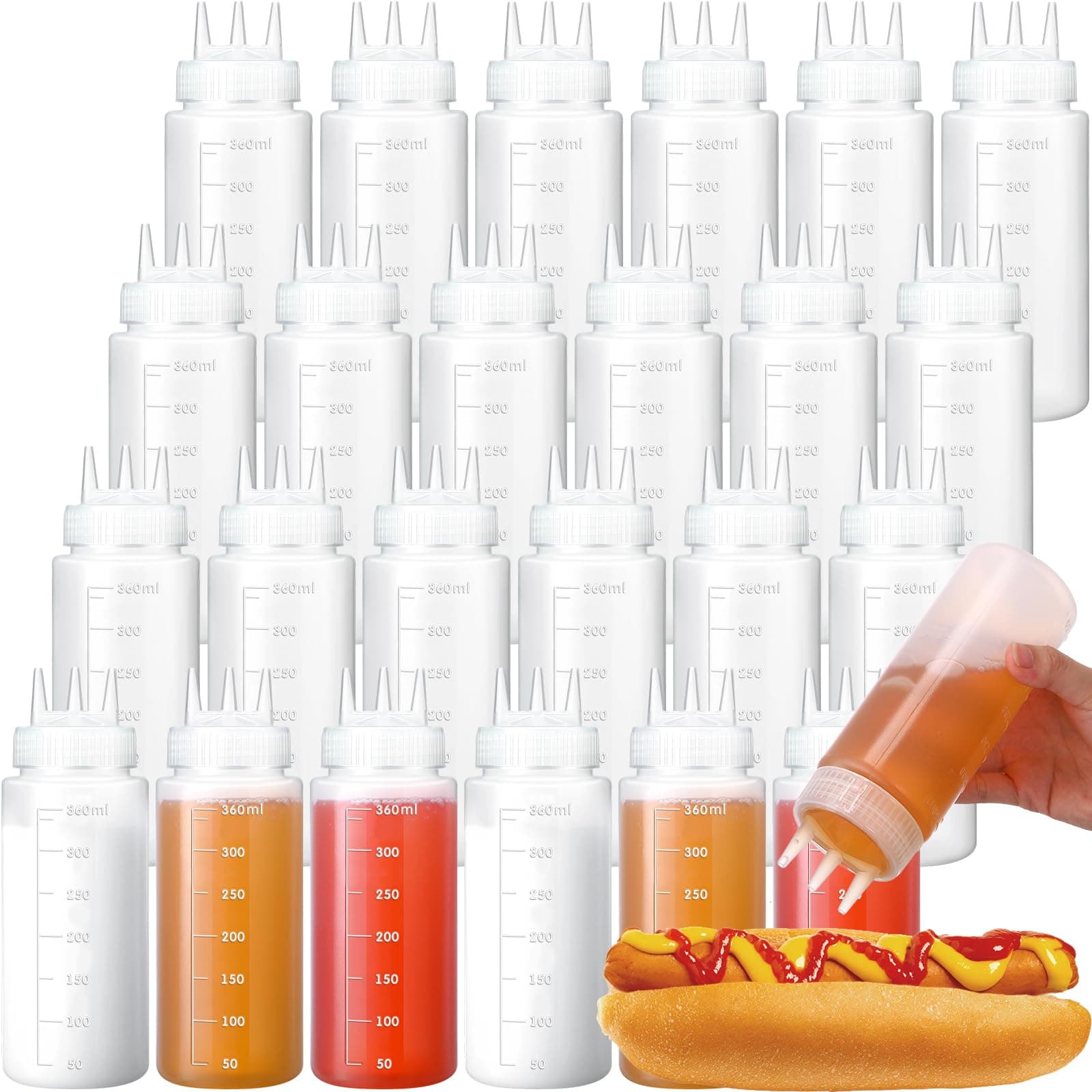 12 oz 3 Hole Plastic Condiment Squeeze Bottle 24 Pcs Clear Visible Digital Scale Condiment Containers Bulk for Sauce, BBQ, Ketchup, Kitchen Dressing