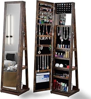 Jewelry Armoire 65" H, Full Length Mirror with Storage 360° Swivel, Lockable Standing Jewelry Cabinet Organizer with Storage Shelves Interior Mirror, Gift Idea,Back Storage Shelves (Antique Gray)