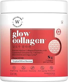 Glow Collagen with Glutathione|Collagen Supplements Marine Collagen Powder with SkinAx², Resveratrol, Bromelain & Goji Berry|250g - Tropical Bliss Flavor, 1 count, 25 servings