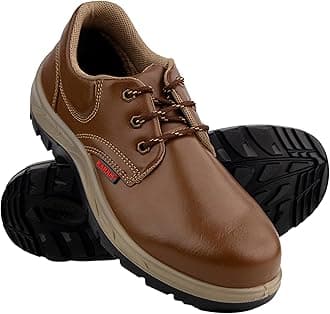 Karam FS61 Brown Leather Safety Shoes for Men | Double Density with Steel Toe | Antistatic, Anstislip, Oil & Heat Resistant | Size-08