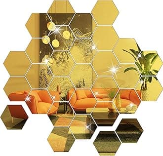 DIY Wall Decals Acrylic Mirror Sticker Set 36 Pcs, Hexagon Mirror Wall Stickers for Living Room Bedroom Decor (Gold)