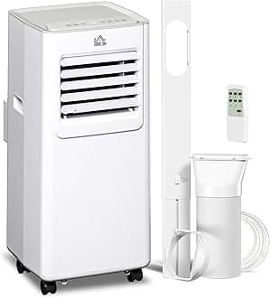 – HOMCOM 7000 BTU Portable Air Conditioner, 4-in-1 Air Conditioning Unit, Dehumidifier, Cooling, Fan, Sleep Mode, with Remote Control, 2 Speeds, 24H Timer, Window Venting Kit, 15m²