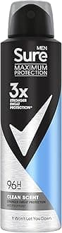 Sure Men Maximum Protection Clean Scent Antiperspirant Body Spray Deodorant with 3x stronger* sweat protection for 96 hour protection against sweat and odour 150 ml