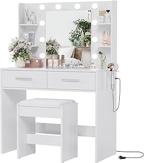 YESHOMY Vanity Desk with Mirror, Makeup Table with 2 Large Drawers, Power Outlet and Round Holder, 3 Color Modes Adjustable Bulb, Bench Included, White