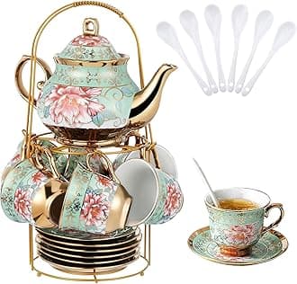 20 Pcs Porcelain Tea Set with Metal Holder, Adult Tea Set Gift, European Ceramic Tea Set for Adults, Flower Tea Cup Saucer Set for Party With Gold Flower Painting (Fresh Green)