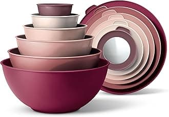 Mixing Bowls with Lids - 12 Piece Plastic Nesting Bowls Set includes 6 Prep Bowls and 6 Lids, Microwave Safe Mixing Bowl Set, Rose TPR Lid