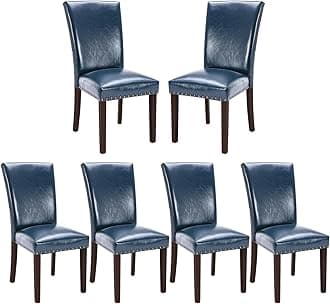 COLAMY PU Leather Dining Chairs Set of 6, Upholstered Parsons Dining Room Kitchen Side Chair with Nailhead Trim and Wood Legs - Blue