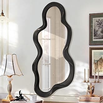 Large Asymmetrical Mirror Irregular Modern Cloud Wall Mirror Wood Frame Unique Artistic Wavy Mirror Wall Mounted Vanity Mirror Decorative for Living Room Bedroom Bathroom Entryway Hallway 30"x14"