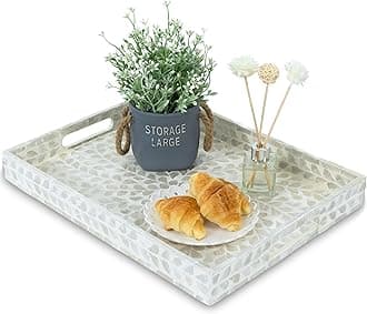 Serving Tray 15.7" X11.8", Lacquer Mother of Pearl Inlay Mosaic Tray, Rectangle Wooden Marble Tray with Handles Trays for Tea, Breakfast in Bed, Table (White)