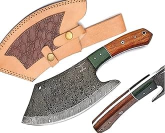 Handmade Damascus Steel Full Tang Cleaver Knife - Butcher Knife - Meat Cleaver Knife - Chef Knife with Ergonomic Handle and Real Leather Sheath