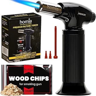 homia Butane Torch - Adjustable Flame for Smoking Guns and Smokers, Refillable Kitchen Torch Lighter, with Wood Chips bag icnluded - (Butane Gas Is Not Included)
