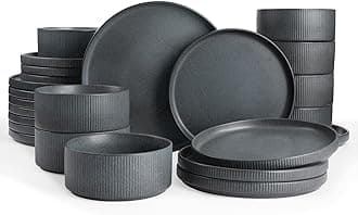 Famiware Star Plates and Bowls Sets, Modern Stoneware Dinnerware Sets for 8, 24-Piece Kitchen Dish Set - Microwave and Dishwasher Safe, Chip and Scratch Resistant, Matte Dark Charcoal