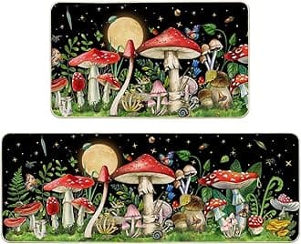 Mushroom Kitchen Rug Set of 2, Cute Kitchen Mats, Non-Slip Washable Witchy Floor Mats for Kitchen Home Decor Aesthetic, Black 17"x 29"+17"x47"
