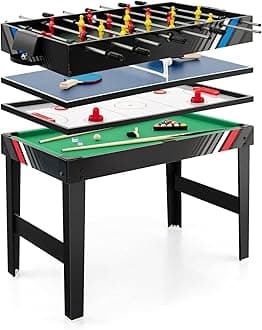 49" Multi Game Table, 4-in-1 with Foosball, Pool Billiards, Air Hockey & Table Tennis, Black, Complete Combination Game Table for Family Game Room
