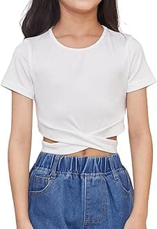 OYOANGLE Girl's Cute Crisscross Short Sleeve Cutout Solid Crop Top Tee T-Shirts